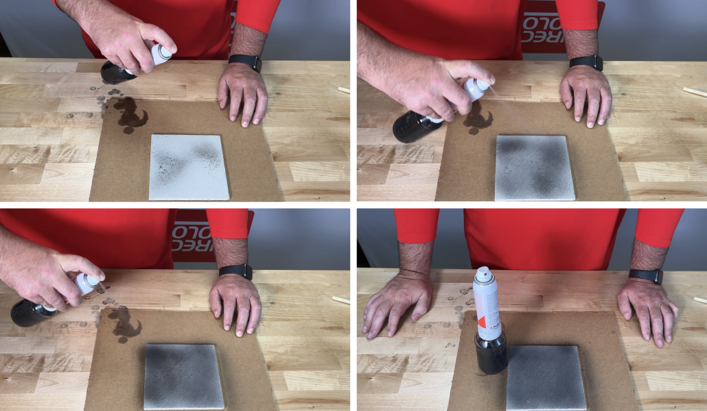 A series of images showing a person in a red shirt using the Preval sprayer to apply Vibrance™ Dye on a tile, demonstrating a continuous spraying motion, avoiding runs, overlapping strokes, and applying multiple thin coats